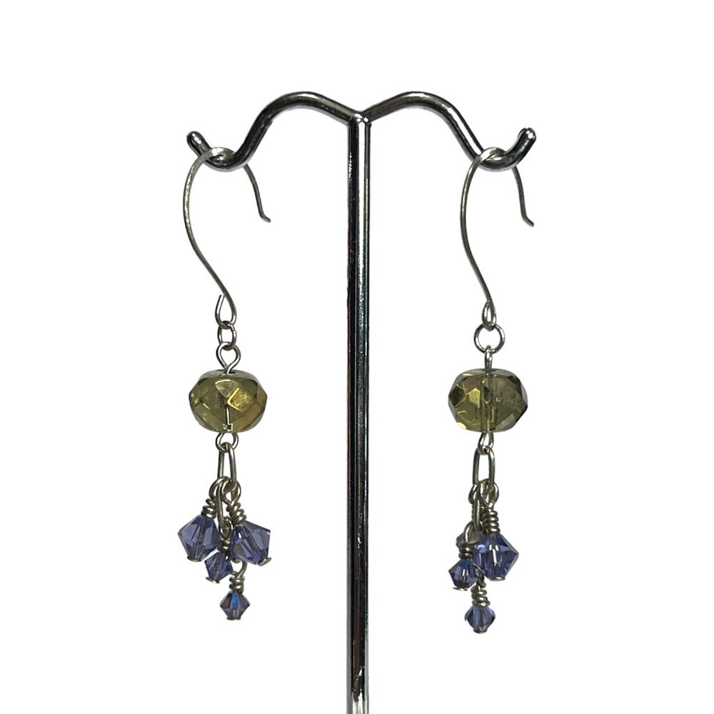 Silver tone smoky and lavender crystal beaded earrings, pierced